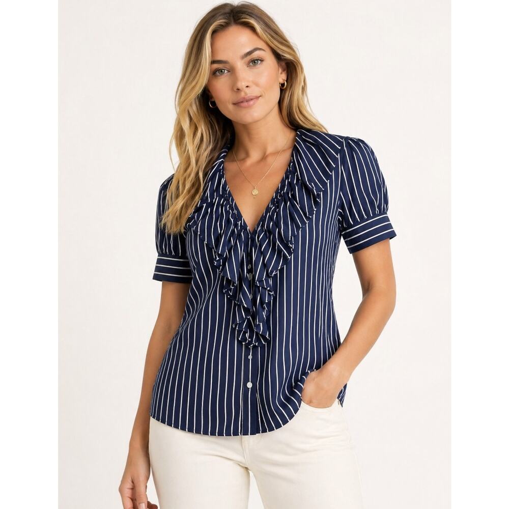 NWT! Lauren Ralph Lauren Blue White Strip Ruffle Top Shirt Sz 2